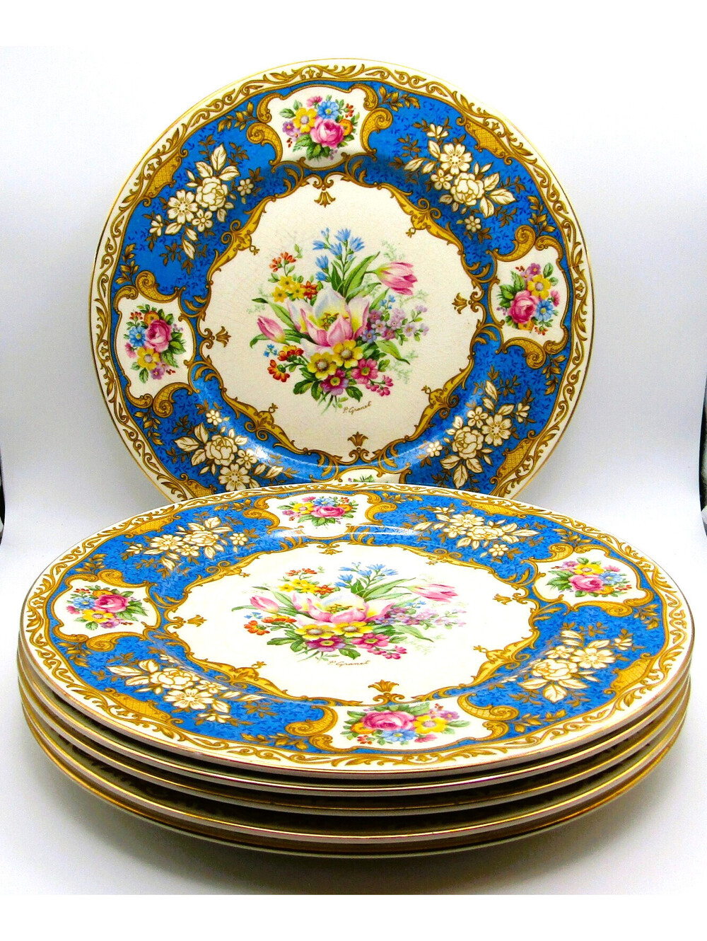 Set of 6 Myott "The Bouquet" Cobalt Blue and Gold-Gilded Dinner Plates P. Granet